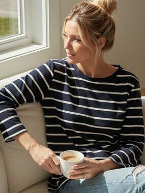 LOFT Navy White Striped Off Shoulder Top Small NWT Coastal Chic 3/4 Sleeve